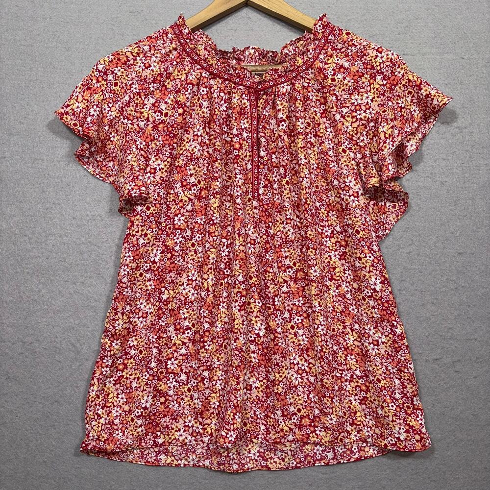 Max Studio Ditsy Floral Top S Red Flutter Sleeve‎ Boho Romantic Cottage Feminine